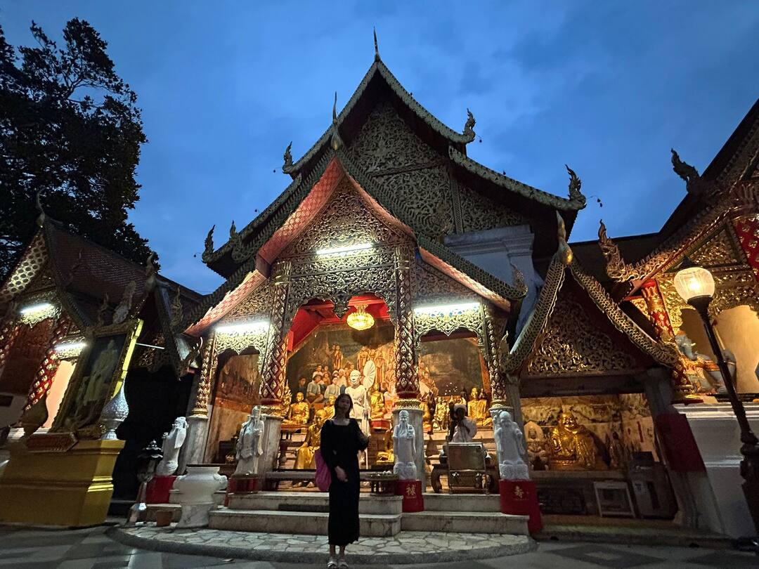 The temple shrine glowing at blue hour
